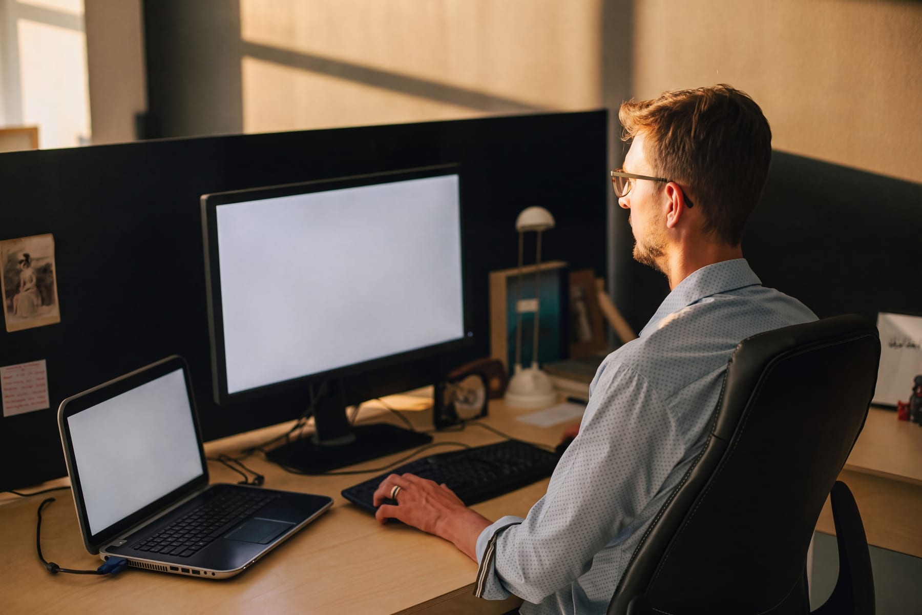 Man in glasses and a blue shirt sits at an office desk facing a blank monitor, looking focused and thoughtful.