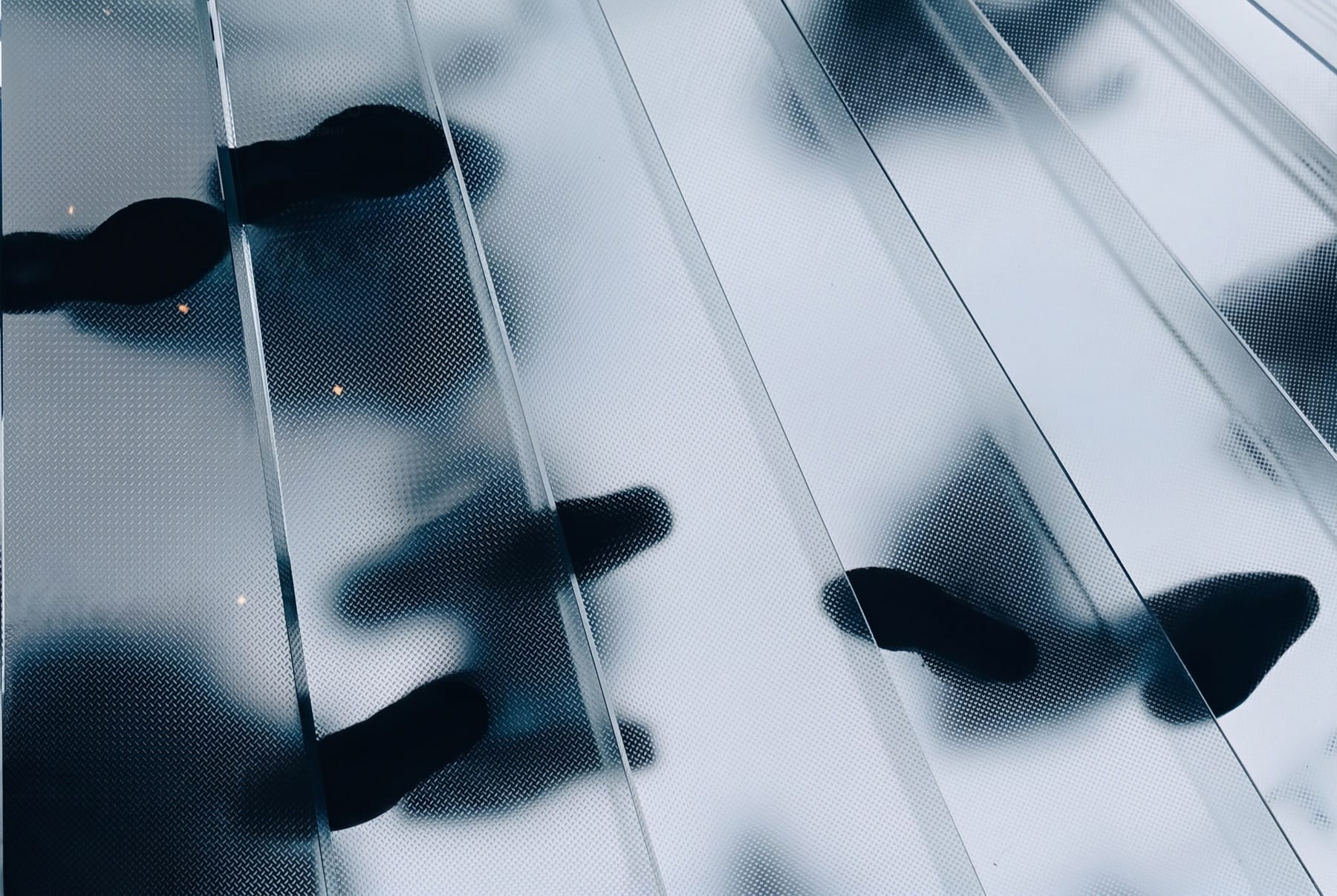 Anonymous silhouettes of people walking behind a panel of frosted glass.